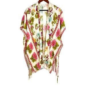 Weekend by Suzanne Betro Womens Sz Medium Tropical Pink Green Kimono Shirt Top